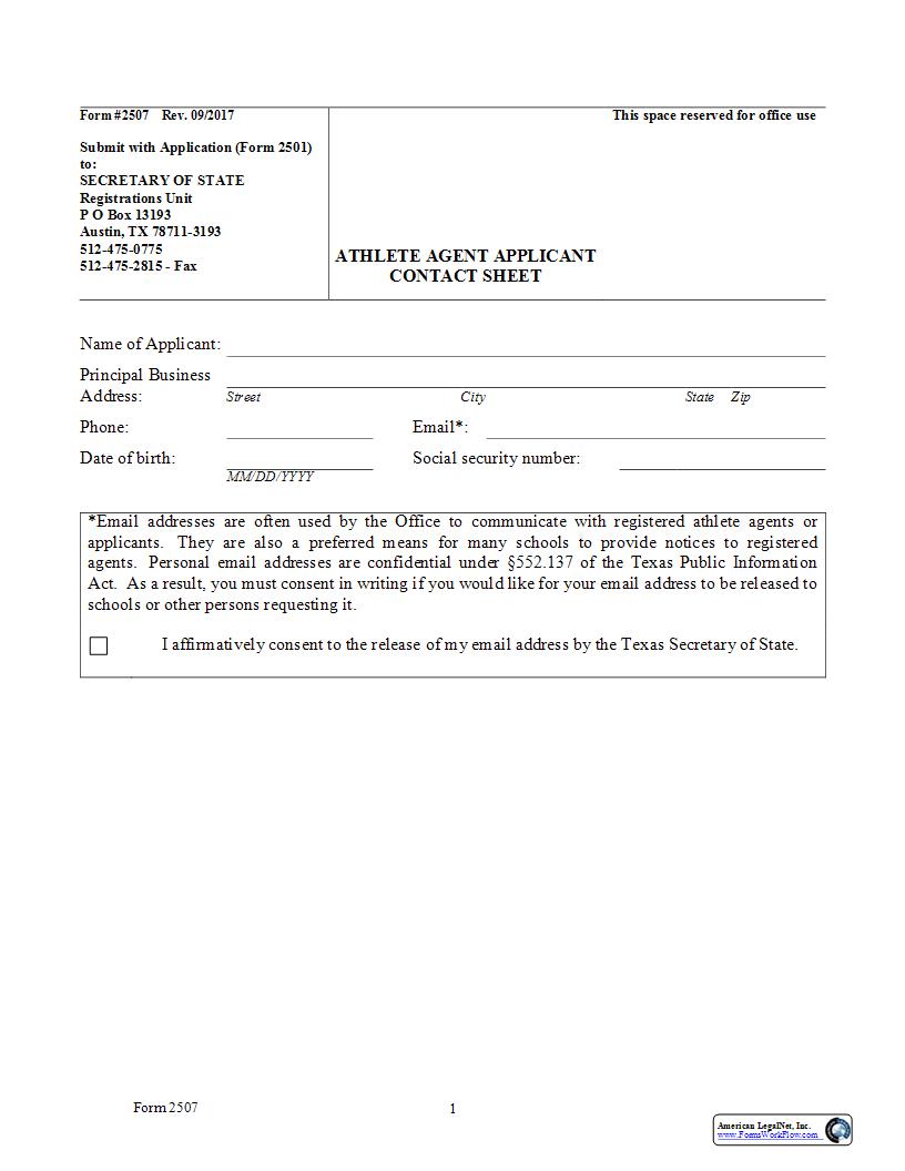 Athlete Agent Applicant Contact Sheet {2507} | Pdf Fpdf Docx | Texas