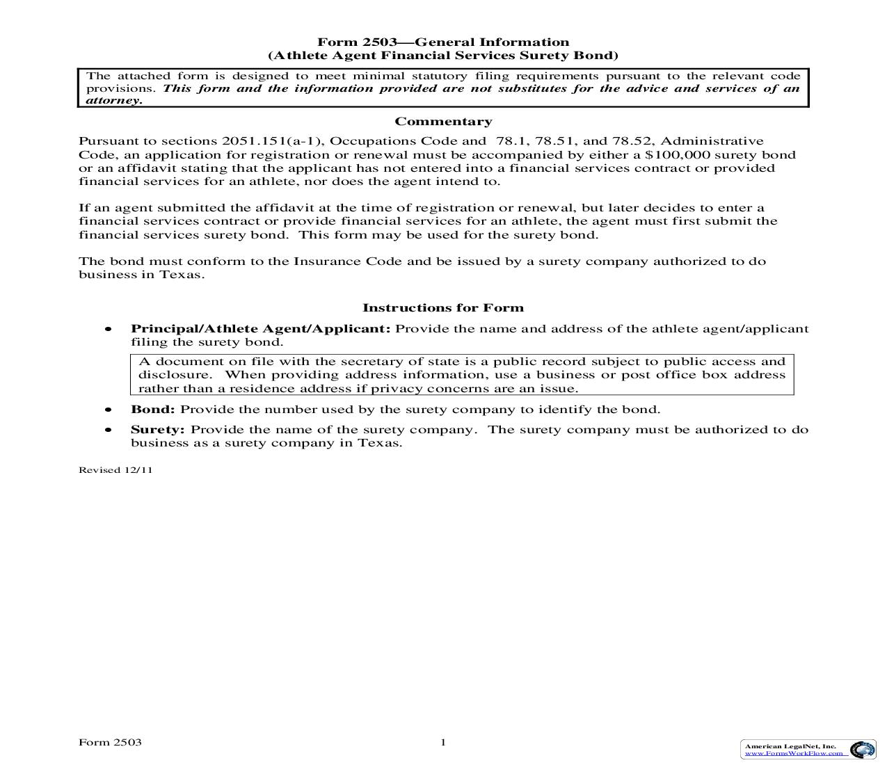 Athlete Agent Financial Services Surety Bond {2503} | Pdf Fpdf Doc Docx | Texas