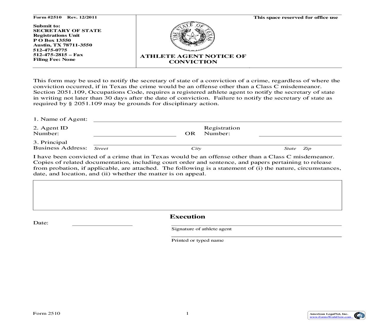 Athlete Agent Notice Of Conviction {2510} | Pdf Fpdf Doc Docx | Texas