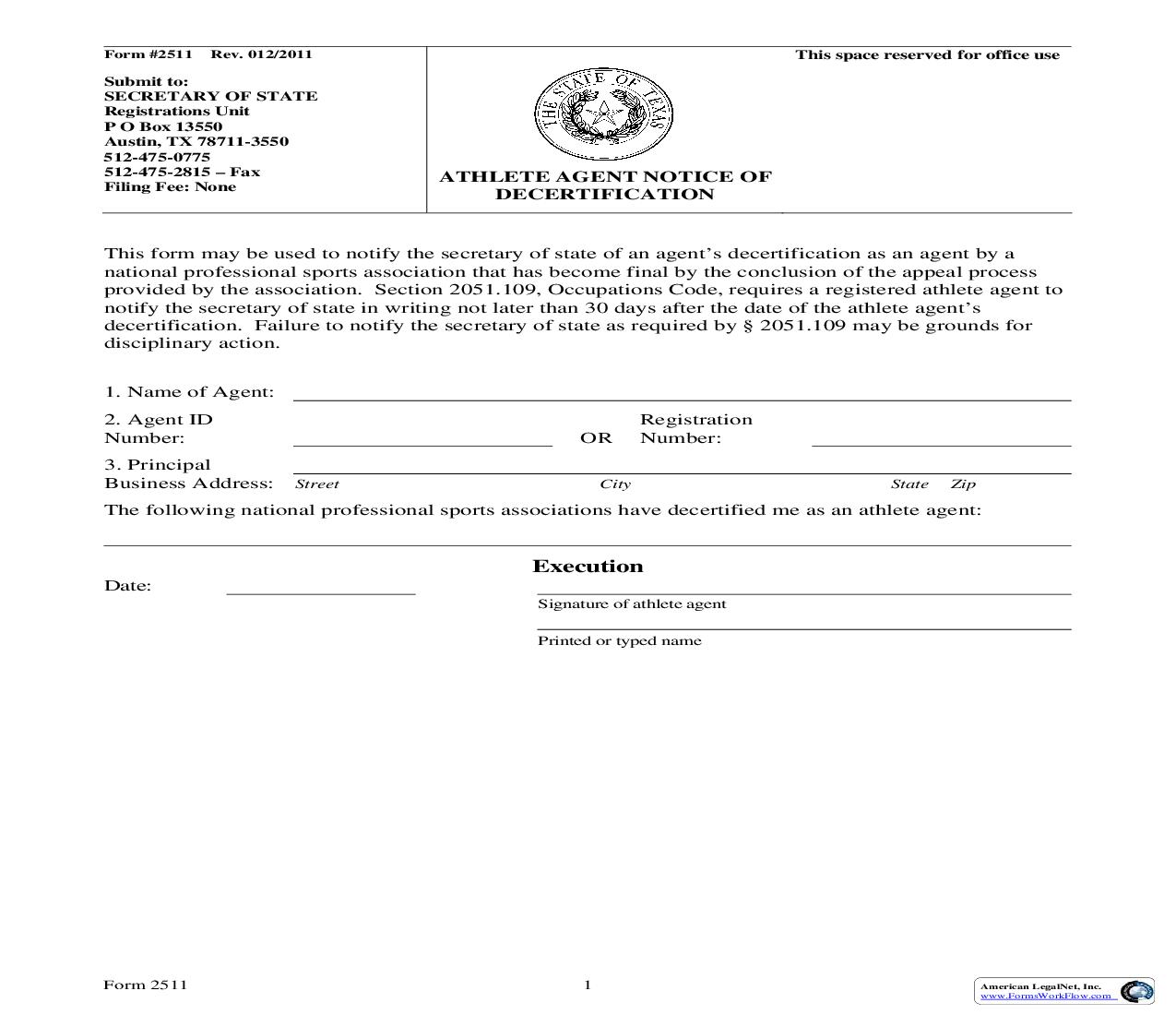 Athlete Agent Notice Of Decertification {2511} | Pdf Fpdf Doc Docx | Texas