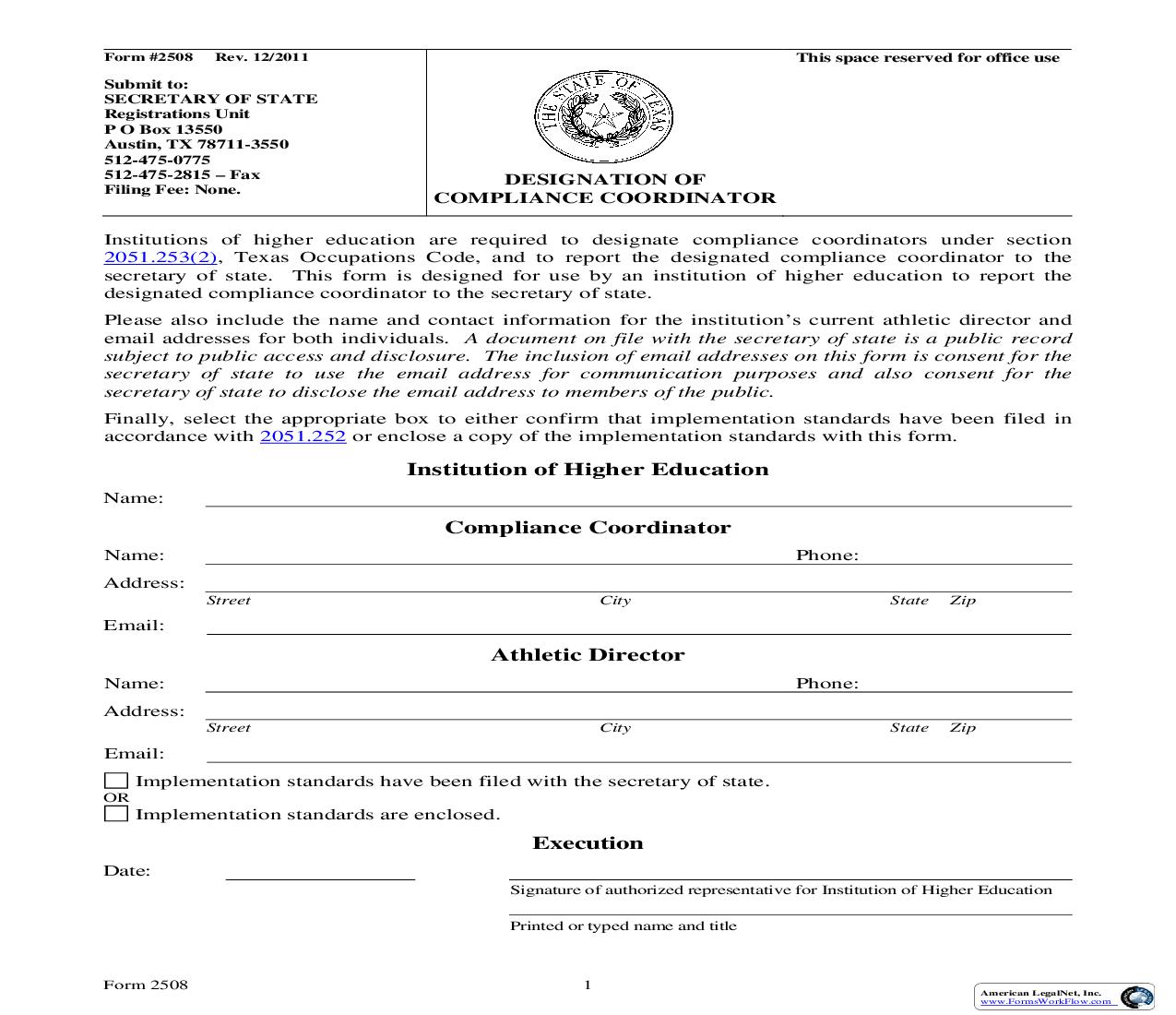 Designation Of Compliance Coordinator {2508} | Pdf Fpdf Doc Docx | Texas