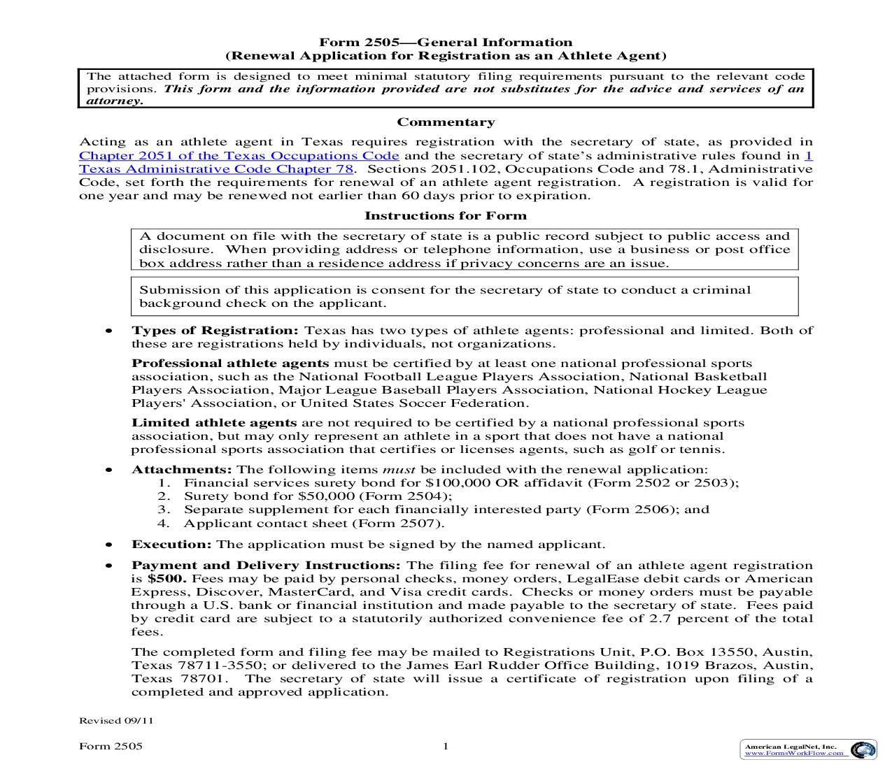 Renewal Application For Registration As An Athlete Agent {2505} | Pdf Fpdf Doc Docx | Texas