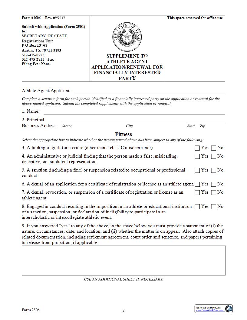 Supplement To Athlete Agent Application Renewal For Financially Interested Party {2506} | Pdf Fpdf Docx | Texas