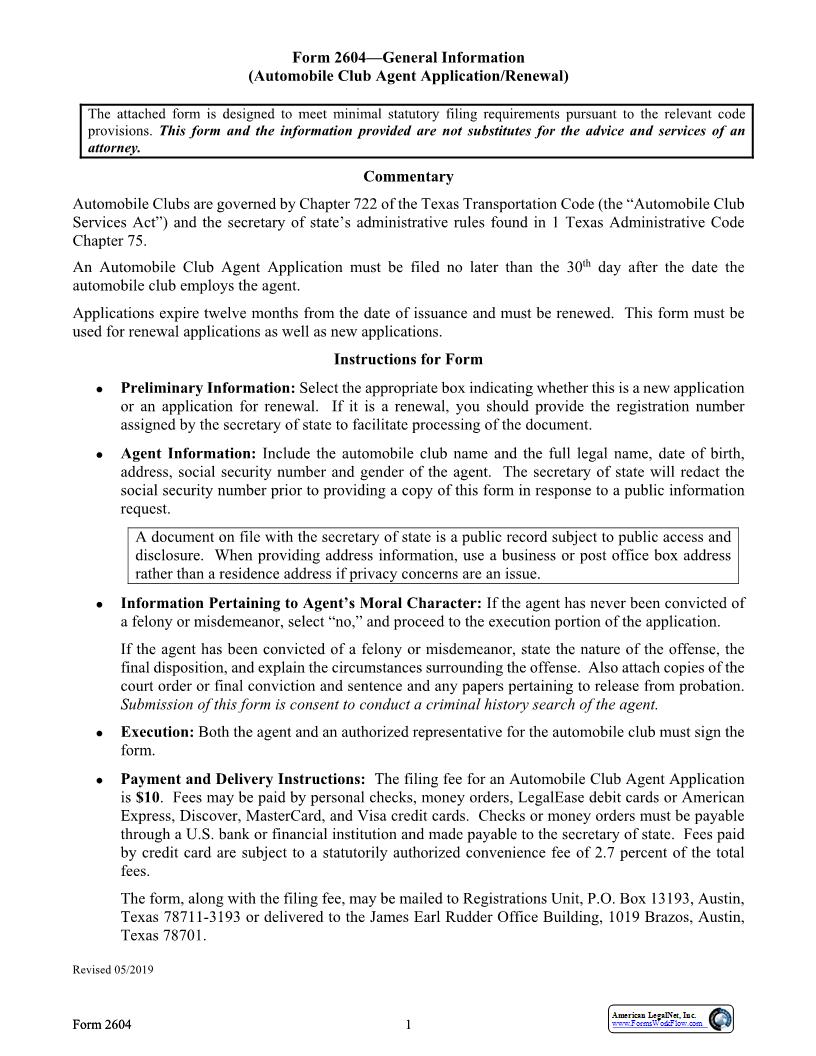 Automobile Club Agent Application Renewal {2604} | Pdf Fpdf Docx | Texas