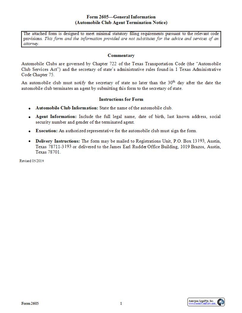 Automobile Club Agent Termination Notice {2605} | Pdf Fpdf Docx | Texas