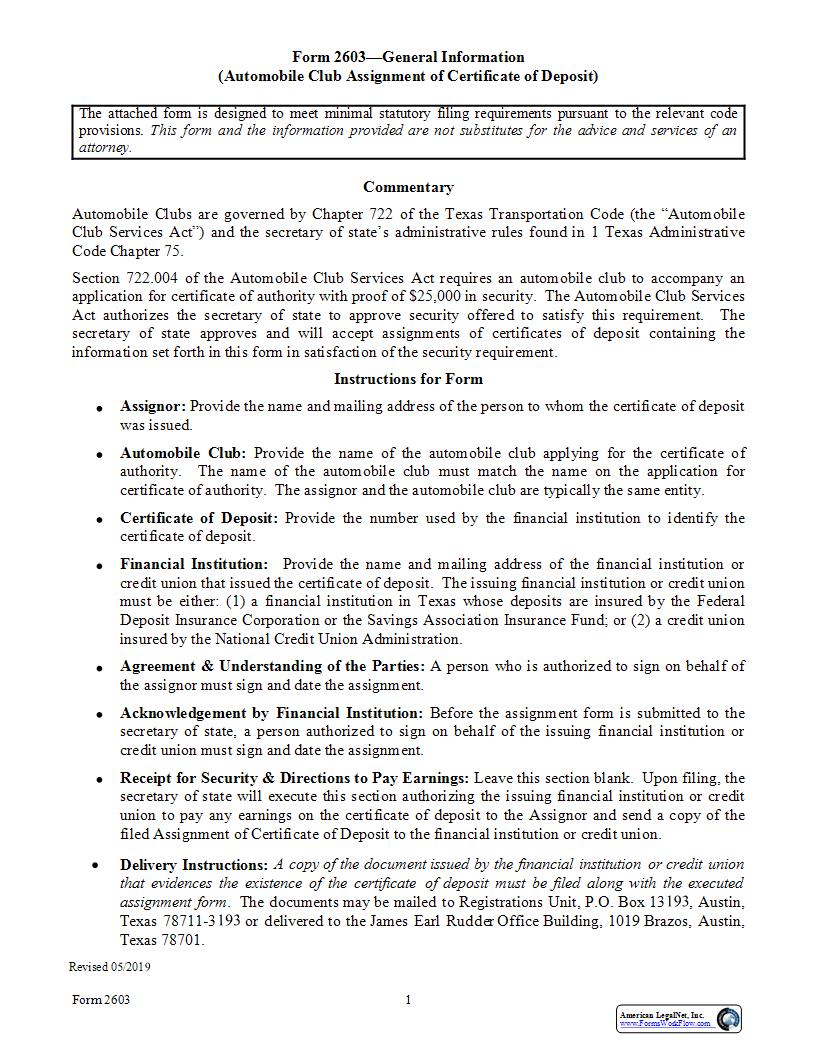 Automobile Club Assignment Of Certificate Of Deposit {2603} | Pdf Fpdf Docx | Texas