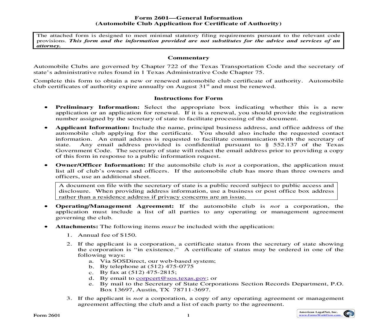 Automobile Club Certificate Of Authority Application Renewal {2601} | Pdf Fpdf Doc Docx | Texas