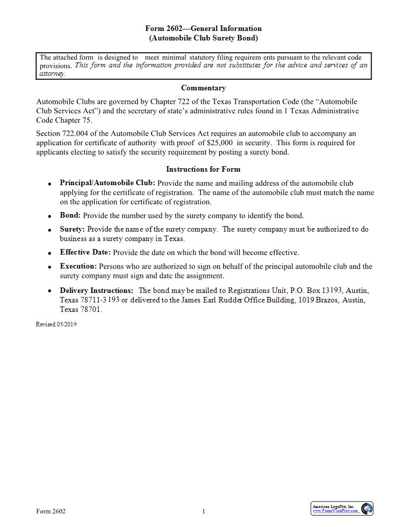 Automobile Club Surety Bond {2602} | Pdf Fpdf Docx | Texas