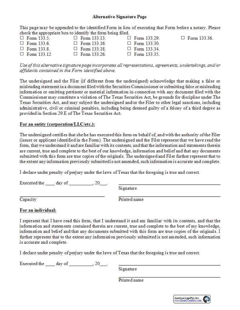 Alternative Signature Page | Pdf Fpdf Docx | Texas