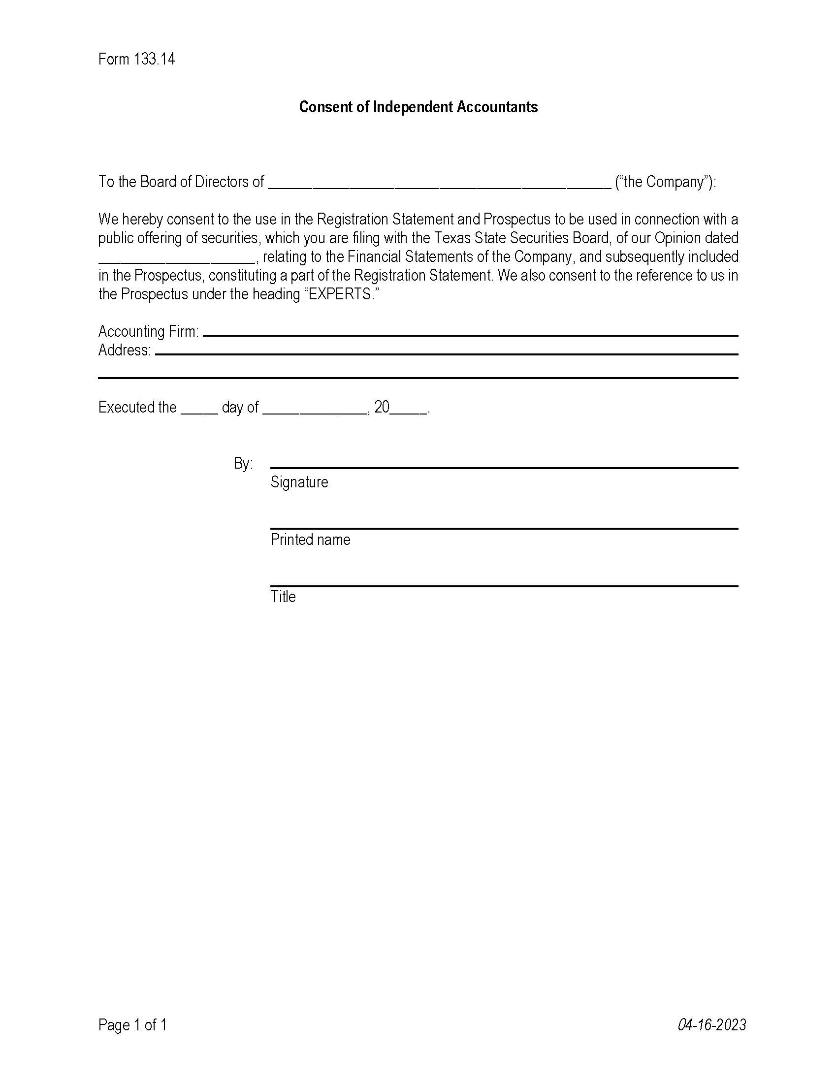 Consent Of Independent Accountants {133.14} | Pdf Fpdf Doc Docx | Texas