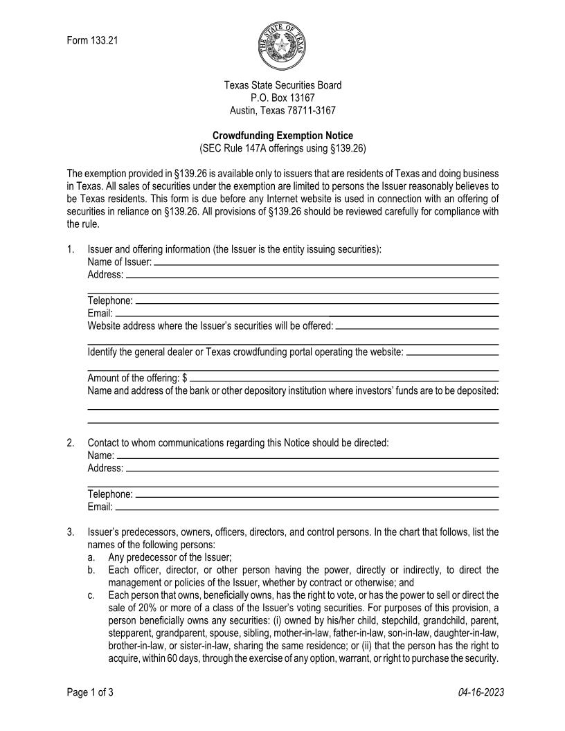 Crowdfunding Exemption Notice {133.21} | Pdf Fpdf Docx | Texas