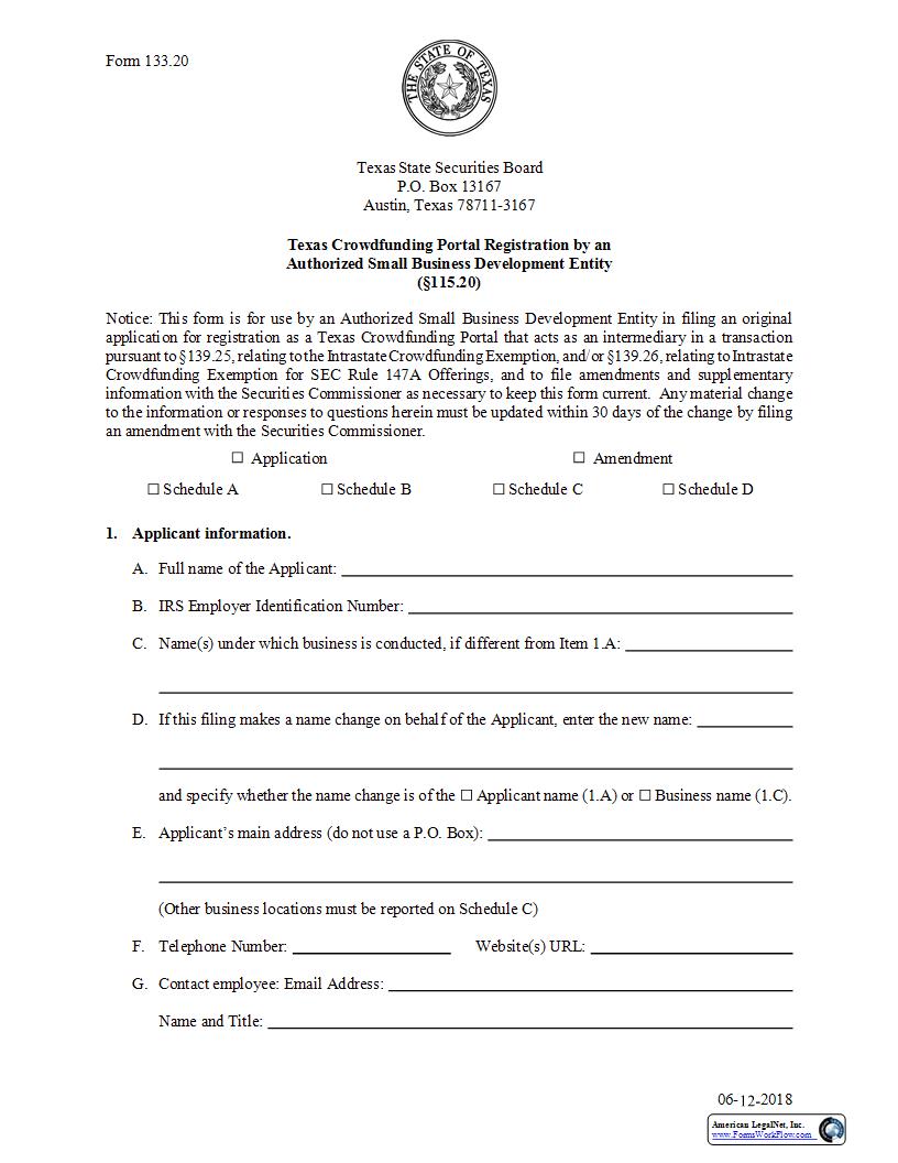 Crowdfunding Portal Registration Small Business Development Entity {133.20} | Pdf Fpdf Docx | Texas