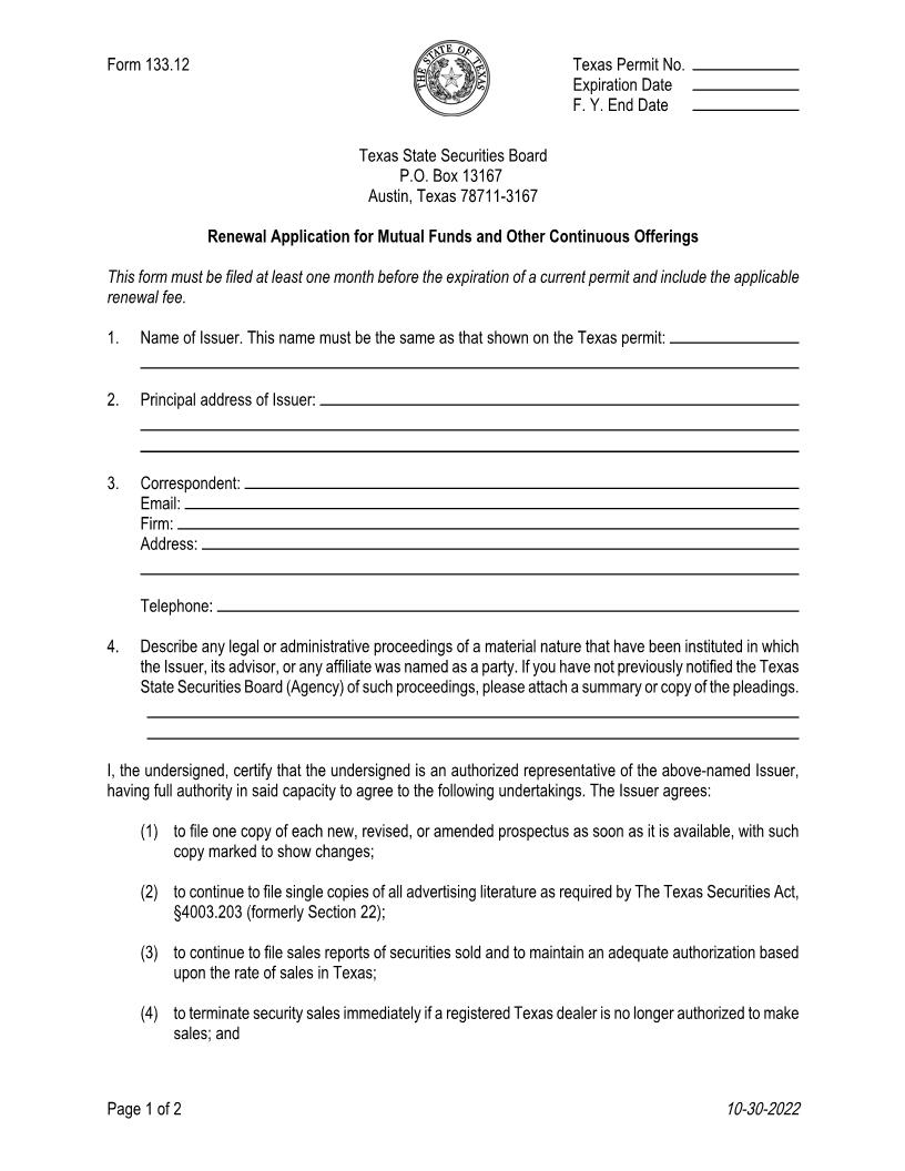 Renewal Application For Mutual Funds And Other Continuous Offerings {133.12} | Pdf Fpdf Doc Docx | Texas