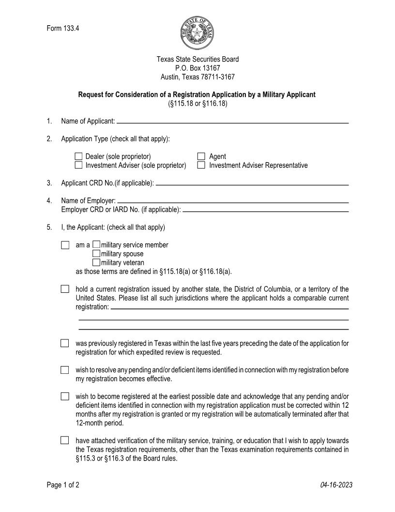 Request For Consideration Of A Registration Application By A Military Applicant {133.4} | Pdf Fpdf Doc Docx | Texas