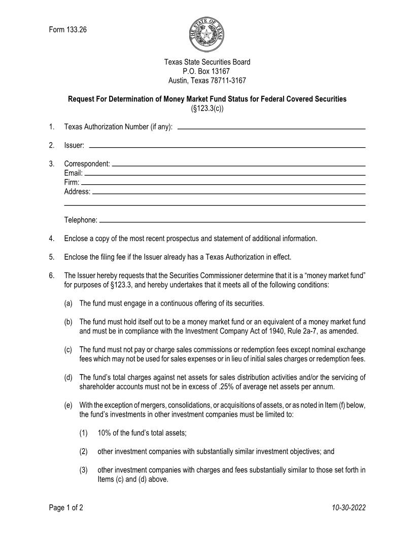 Request For Determination Of Money Market Fund Status For Federal Covered Securities {133.26} | Pdf Fpdf Doc Docx | Texas