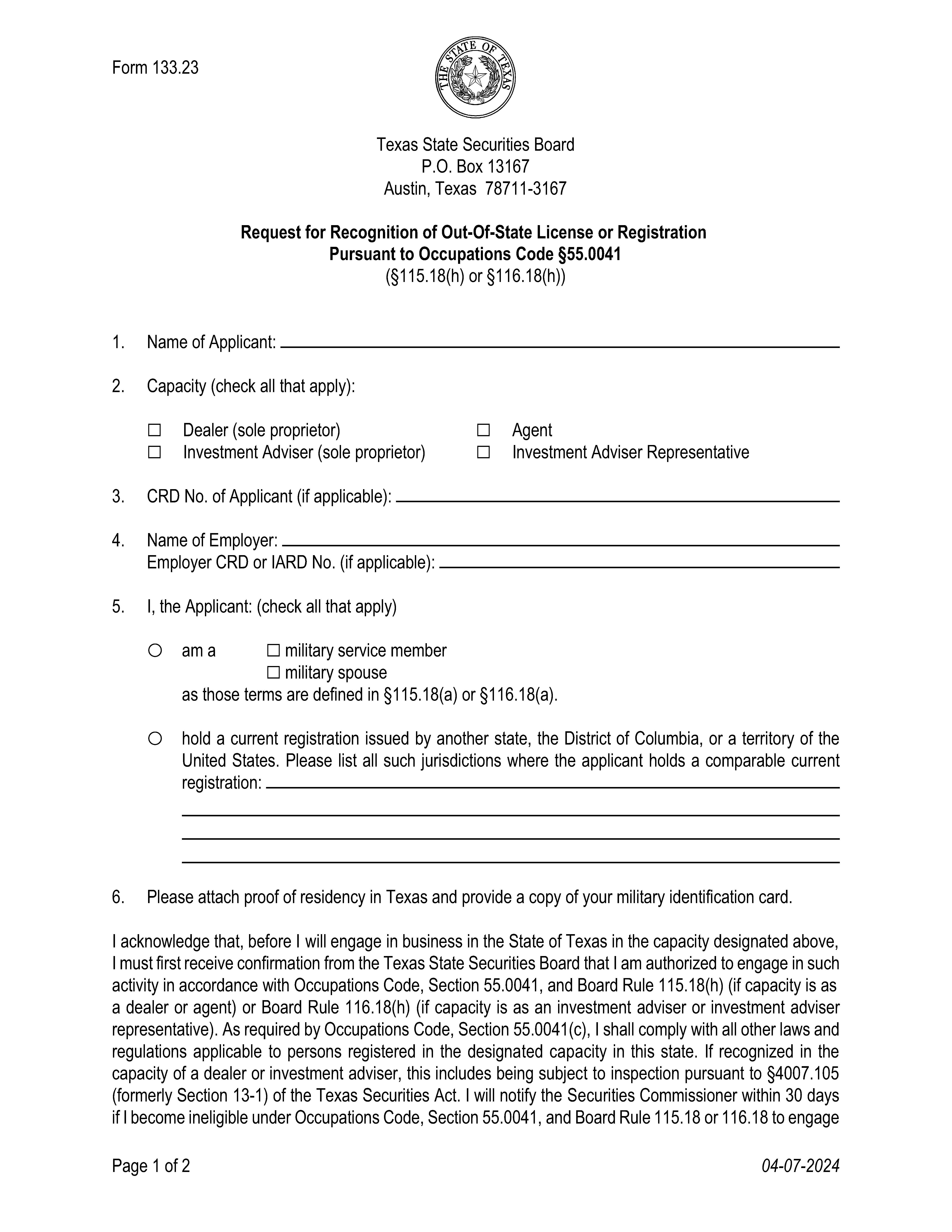 Request For Recognition Of Out Of State License By Military Spouse {133.23} | Pdf Fpdf Docx | Texas