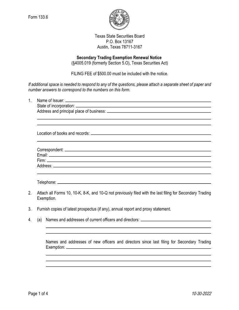 Secondary Trading Exemption Renewal Noitce {133.6} | Pdf Fpdf Doc Docx | Texas