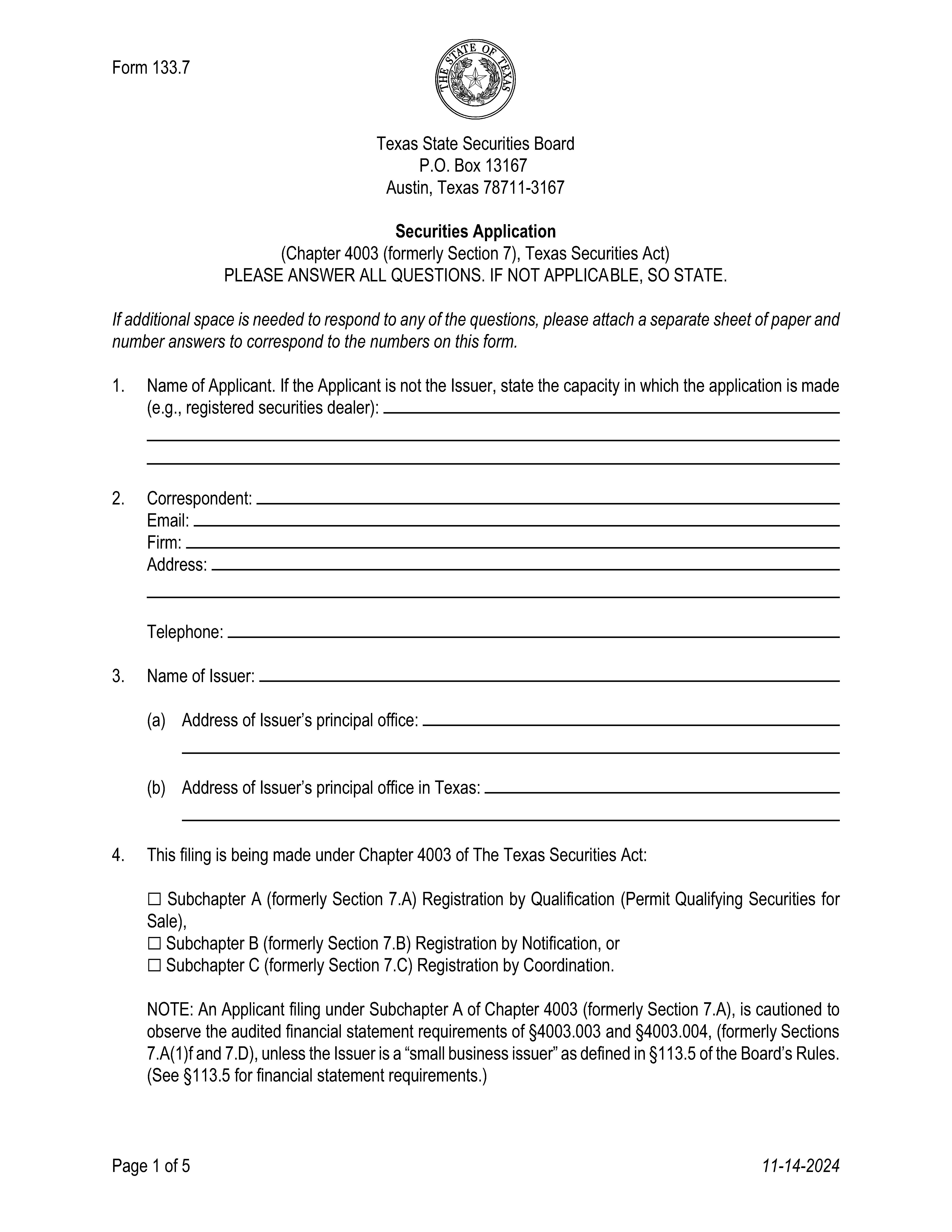 Securities Application {133.7} | Pdf Fpdf Doc Docx | Texas