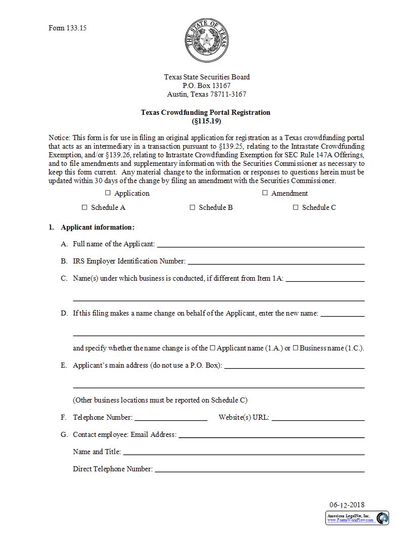 Texas Crowdfunding Portal Registration {133.15} | Pdf Fpdf Docx | Texas