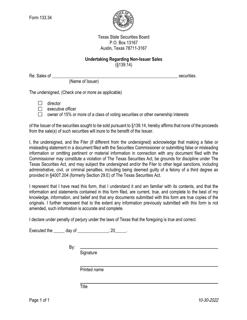 Undertaking Regarding Non-Issuer Sales Pursuant To Section 139.14 {133.34} | Pdf Fpdf Doc Docx | Texas