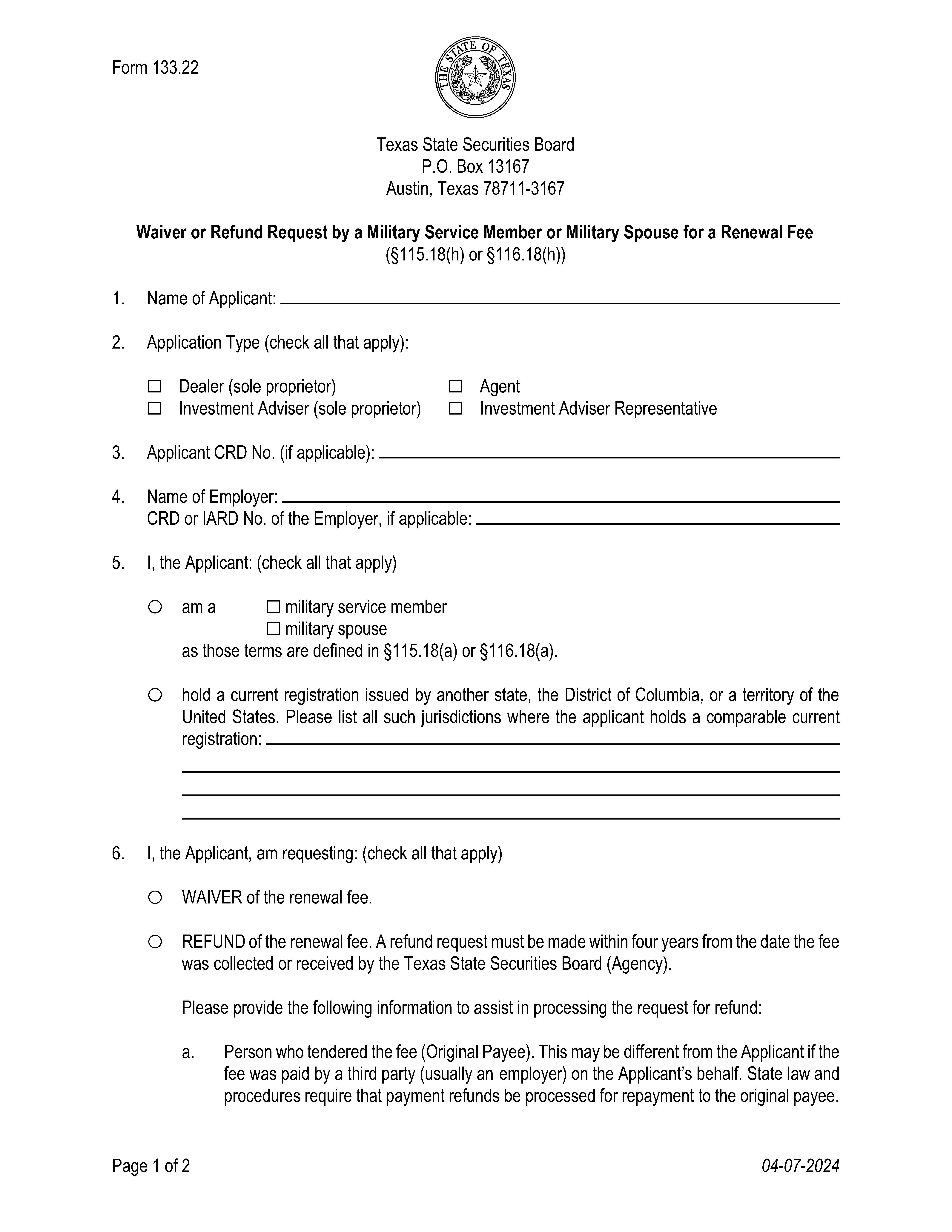 Waiver Or Refund Request By Military Spouse {133.22} | Pdf Fpdf Docx | Texas