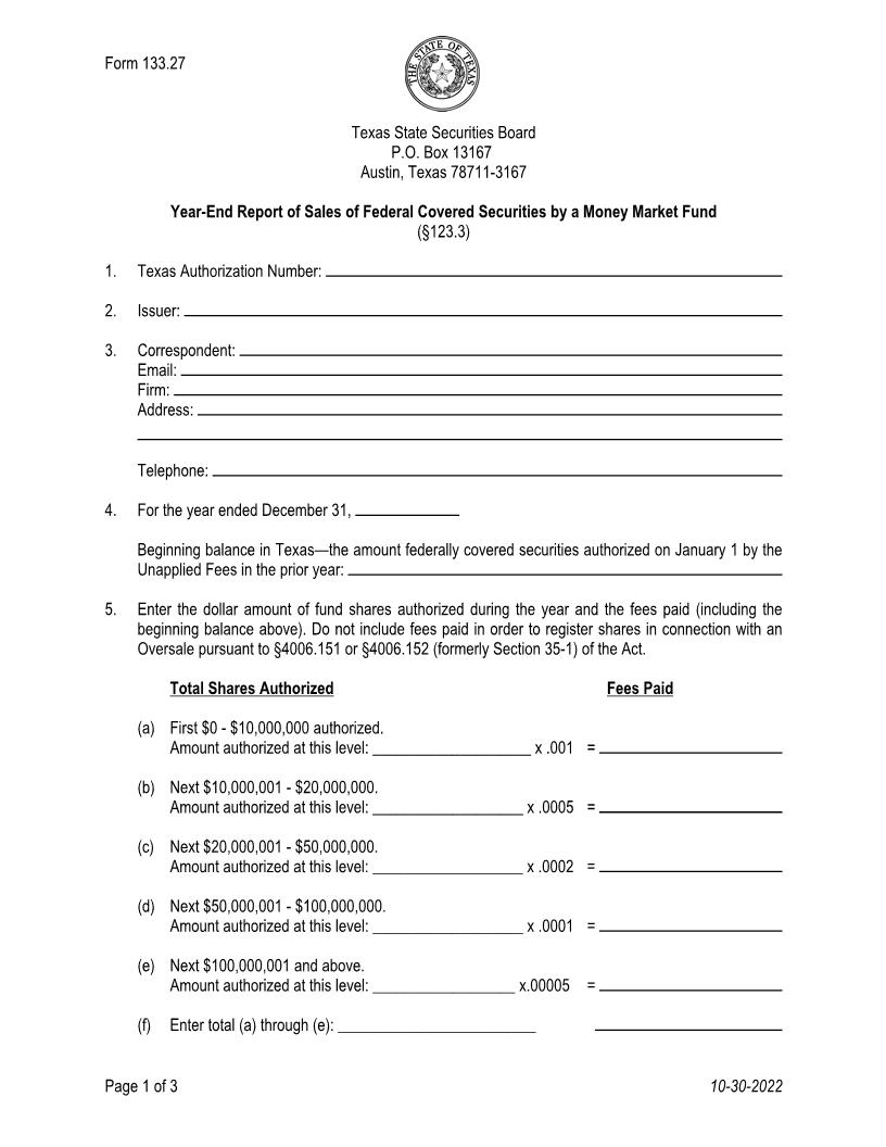 Year End Report Of Sales Of Federal Covered Securities By A Money Market Fund {133.27} | Pdf Fpdf Doc Docx | Texas
