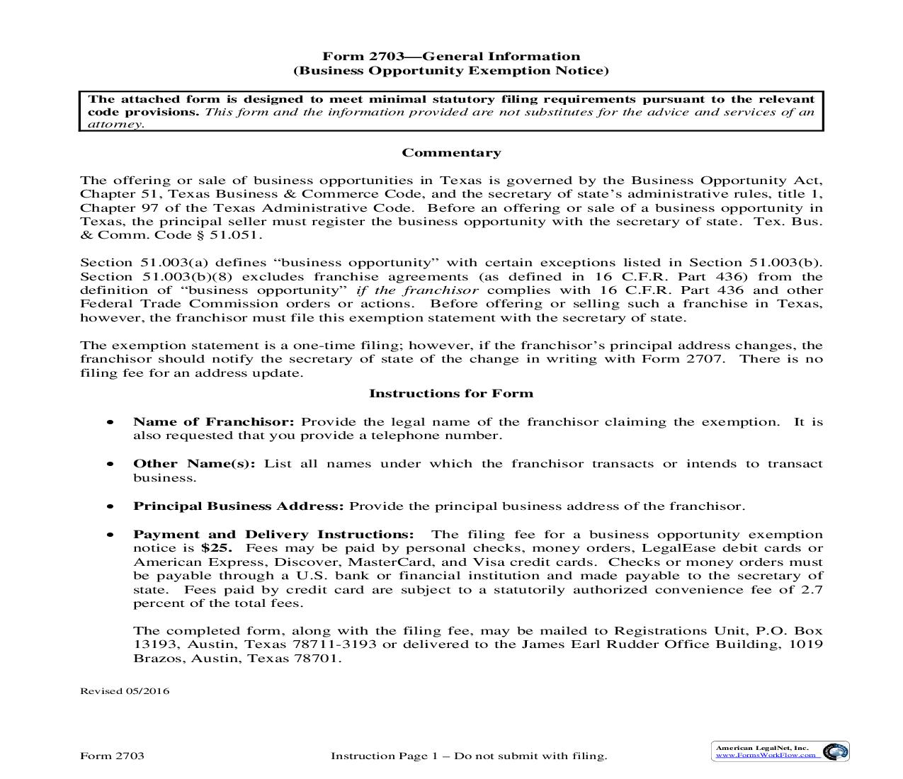 Business Opportunity Exemption Notice {2703} | Pdf Fpdf Doc Docx | Texas