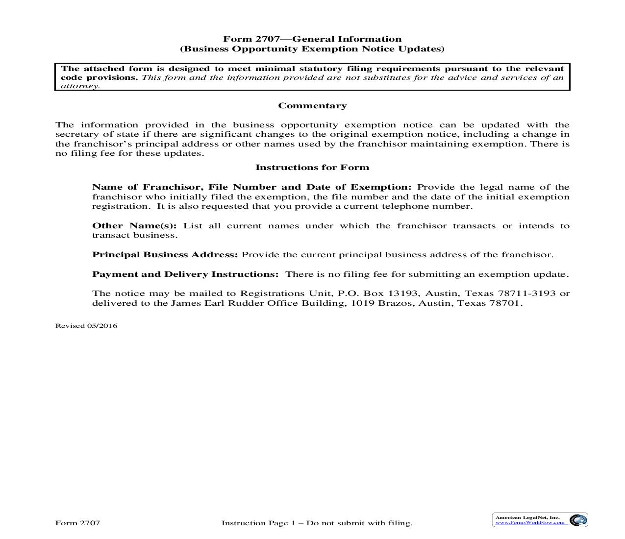 Business Opportunity Exemption Notice Update {2707} | Pdf Fpdf Doc Docx | Texas