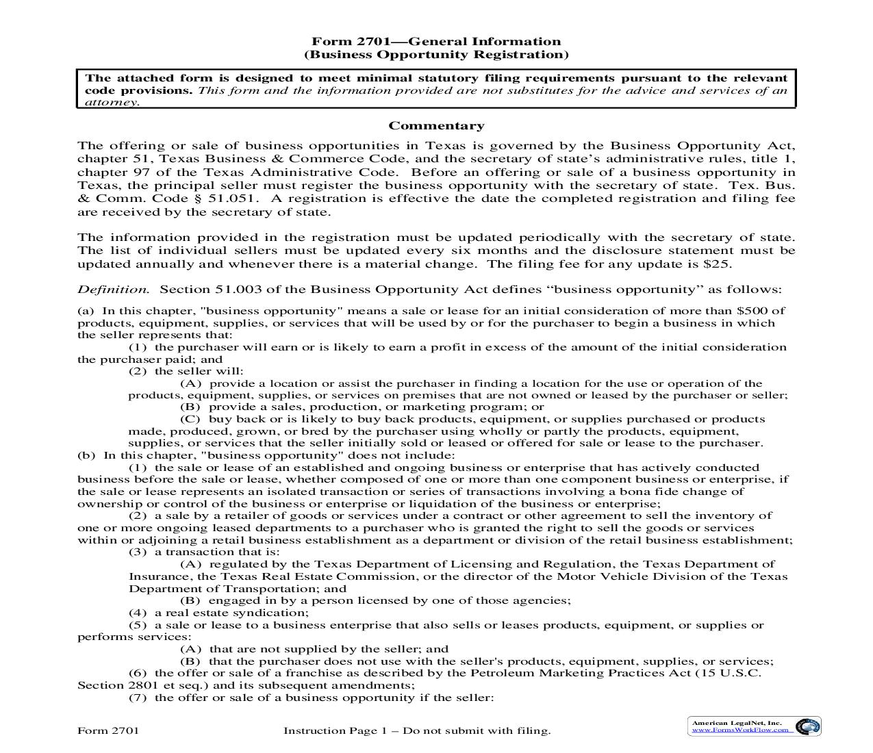 Business Opportunity Registration {2701} | Pdf Fpdf Doc Docx | Texas