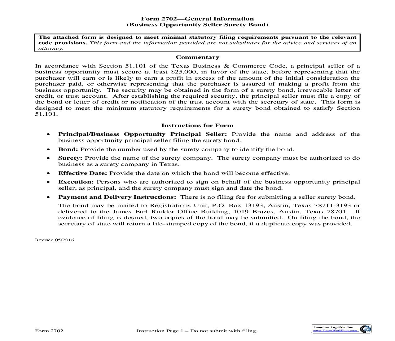 Business Opportunity Seller Surety Bond {2702} | Pdf Fpdf Doc Docx | Texas