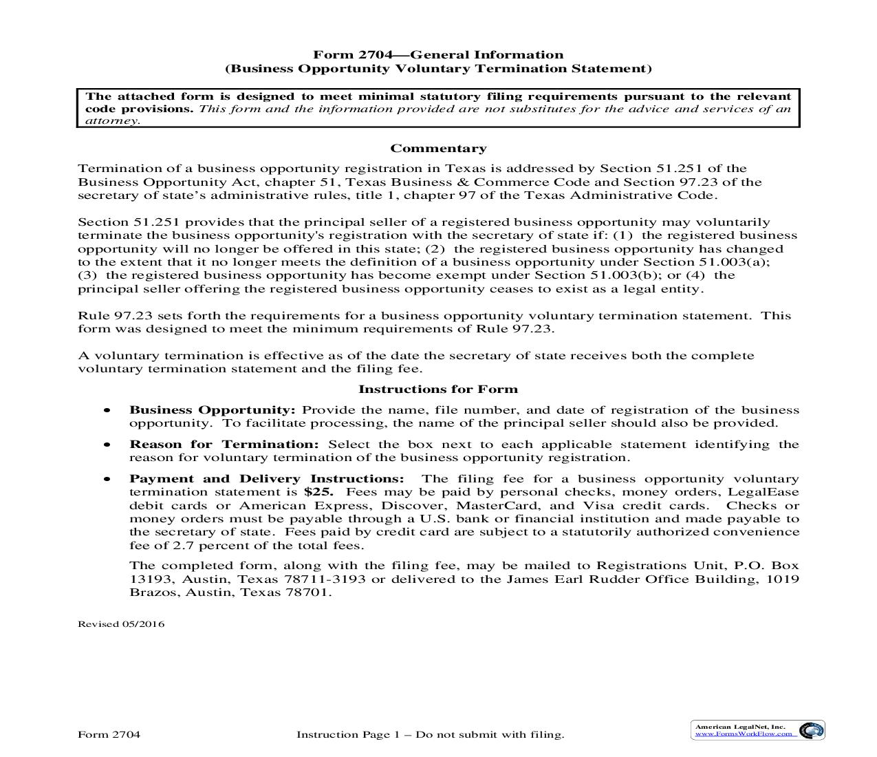 Business Opportunity Voluntary Termination Statement {2704} | Pdf Fpdf Doc Docx | Texas
