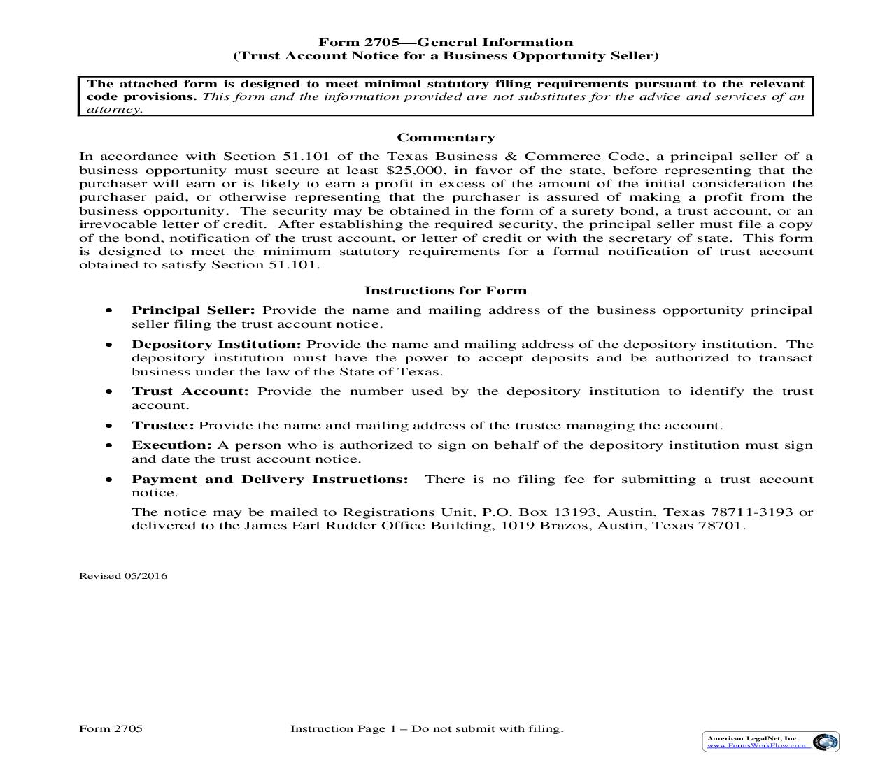 Trust Account Notice For A Business Opportunity Seller {2705} | Pdf Fpdf Doc Docx | Texas