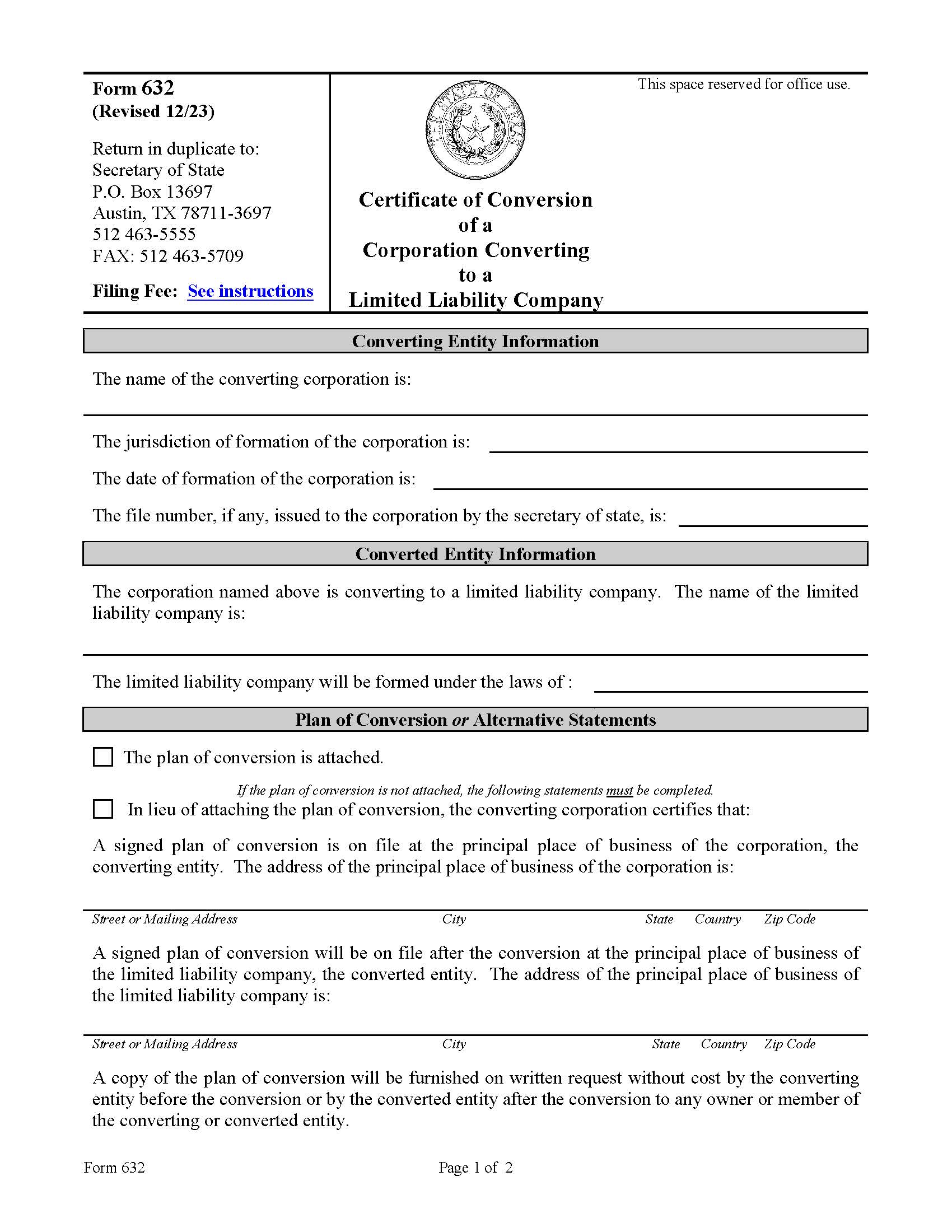 Certificate Of Conversion Of A Corporation Converting To A Limited Liability Company {632} | Pdf Fpdf Doc Docx | Texas