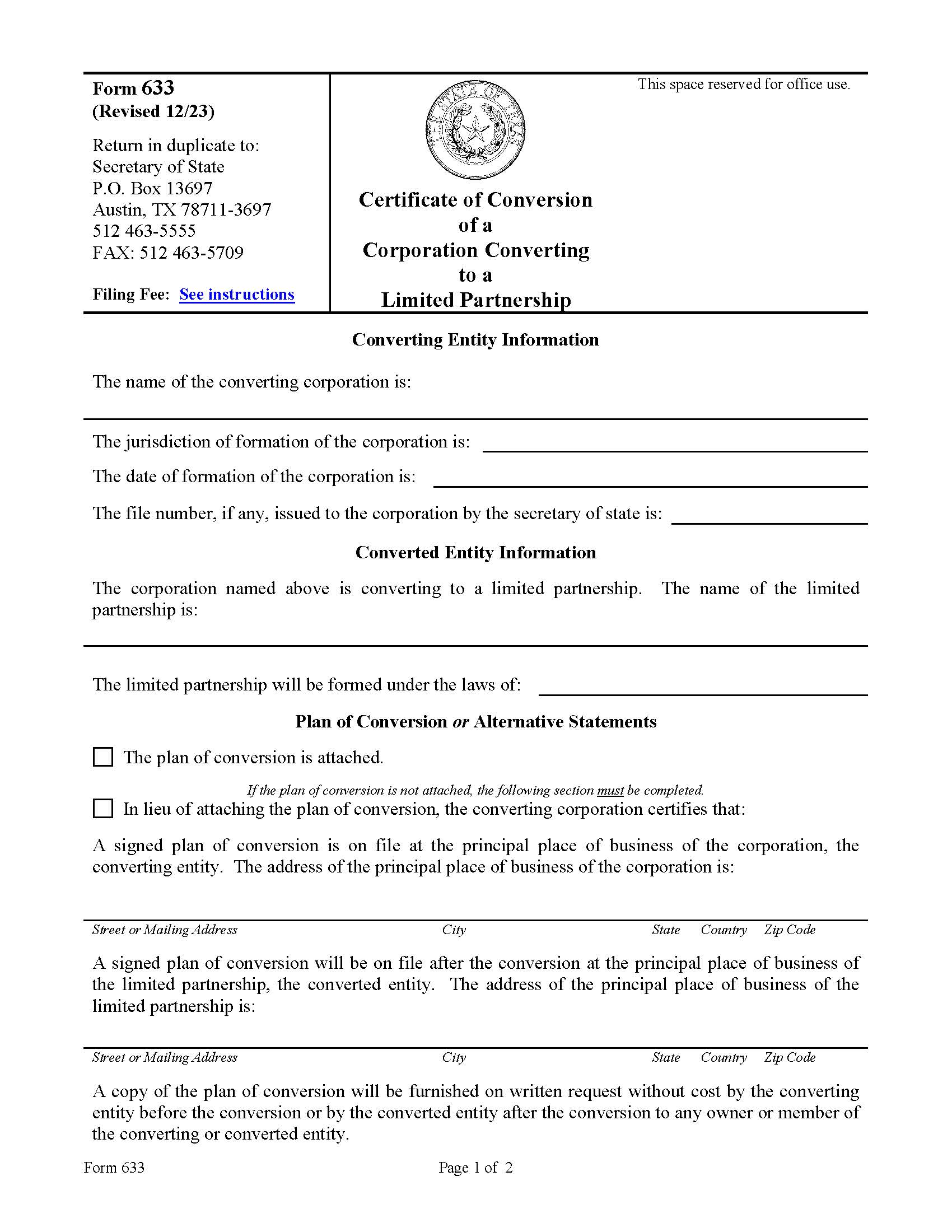 Certificate Of Conversion Of A Corporation Converting To A Limited Partnership {633} | Pdf Fpdf Doc Docx | Texas