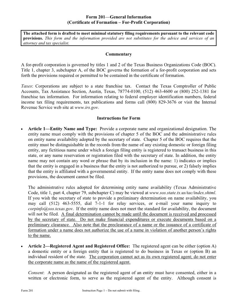 Certificate Of Formation-For-Profit Corporation {201} | Pdf Fpdf Doc Docx | Texas