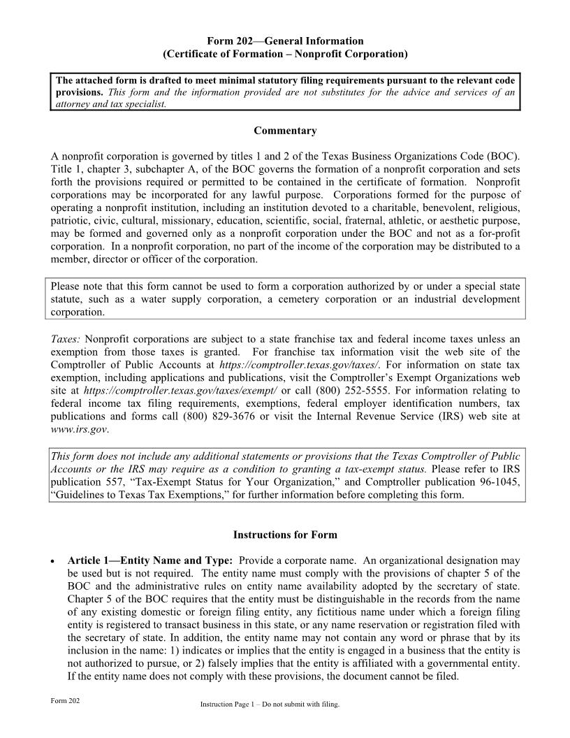 Certificate Of Formation-Nonprofit Corporation {202} | Pdf Fpdf Doc Docx | Texas