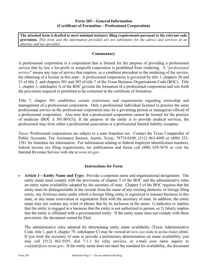 Certificate Of Formation-Professional Corporation {203} | Pdf Fpdf Doc Docx | Texas