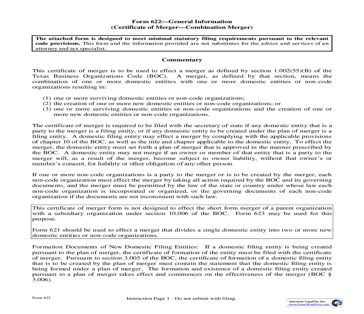 Certificate Of Merger Combination Merger Business Organizations Code {622} | Pdf Fpdf Doc Docx | Texas