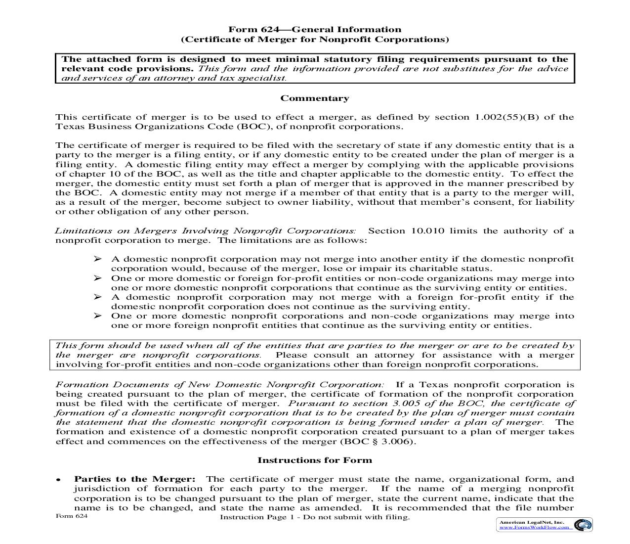 Certificate Of Merger For Nonprofit Corporations {624} | Pdf Fpdf Doc Docx | Texas