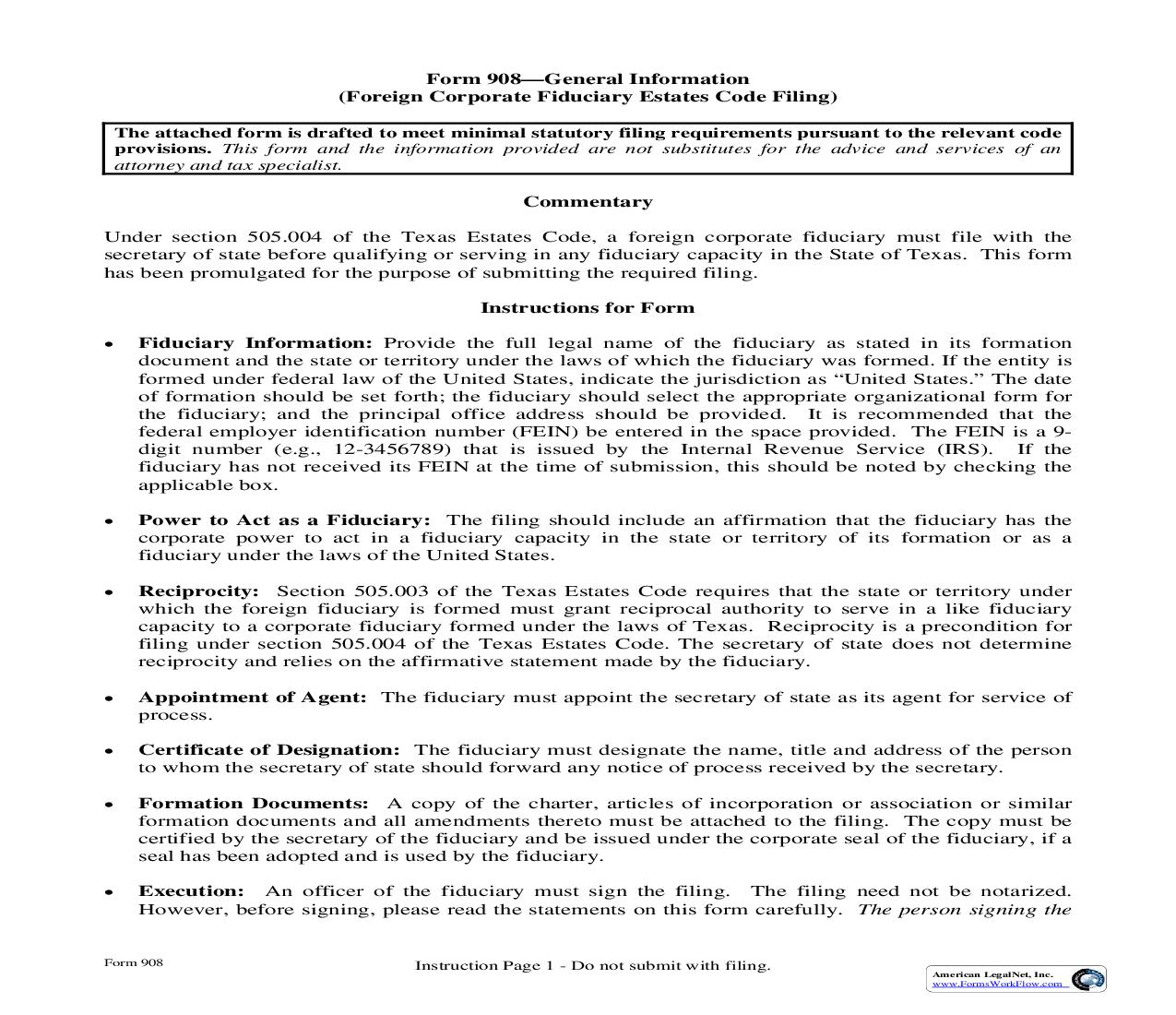 Foreign Corporate Fiduciary Probate Code Filing {908} | Pdf Fpdf Doc Docx | Texas