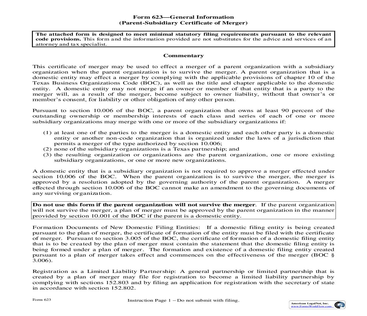 Parent Subsidiary Certificate Of Merger Business Organizations Code {623} | Pdf Fpdf Doc Docx | Texas