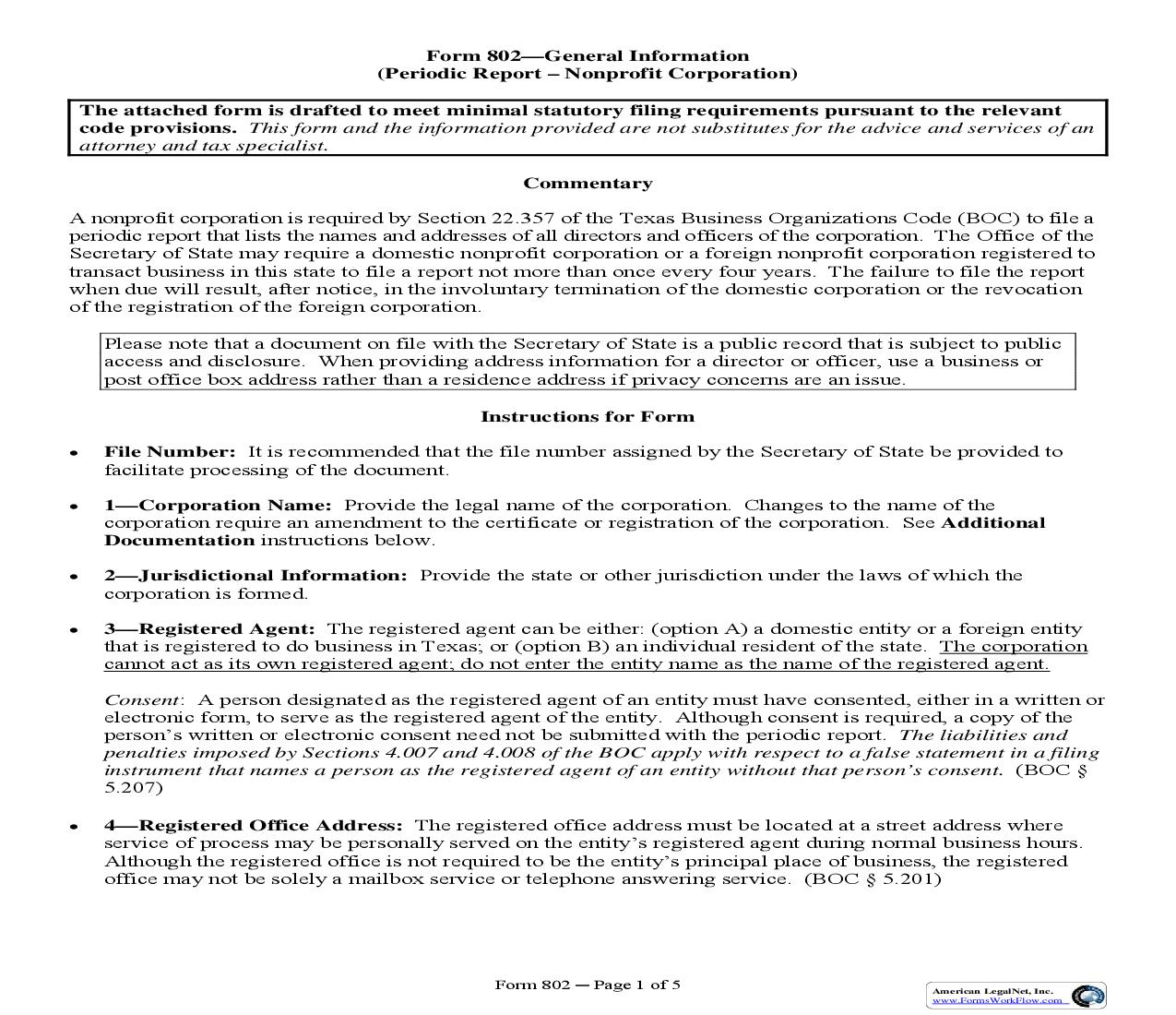 Periodic Report Of A Nonprofit Corporation {802} | Pdf Fpdf Doc Docx | Texas