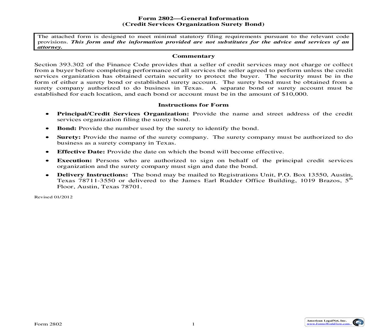 Credit Services Organization Surety Bond {2802} | Pdf Fpdf Doc Docx | Texas