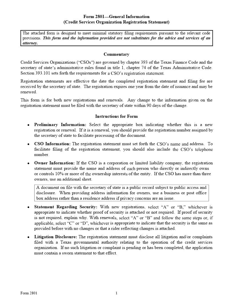 Registration Statement For A Credit Services Organization {2801} | Pdf Fpdf Doc Docx | Texas