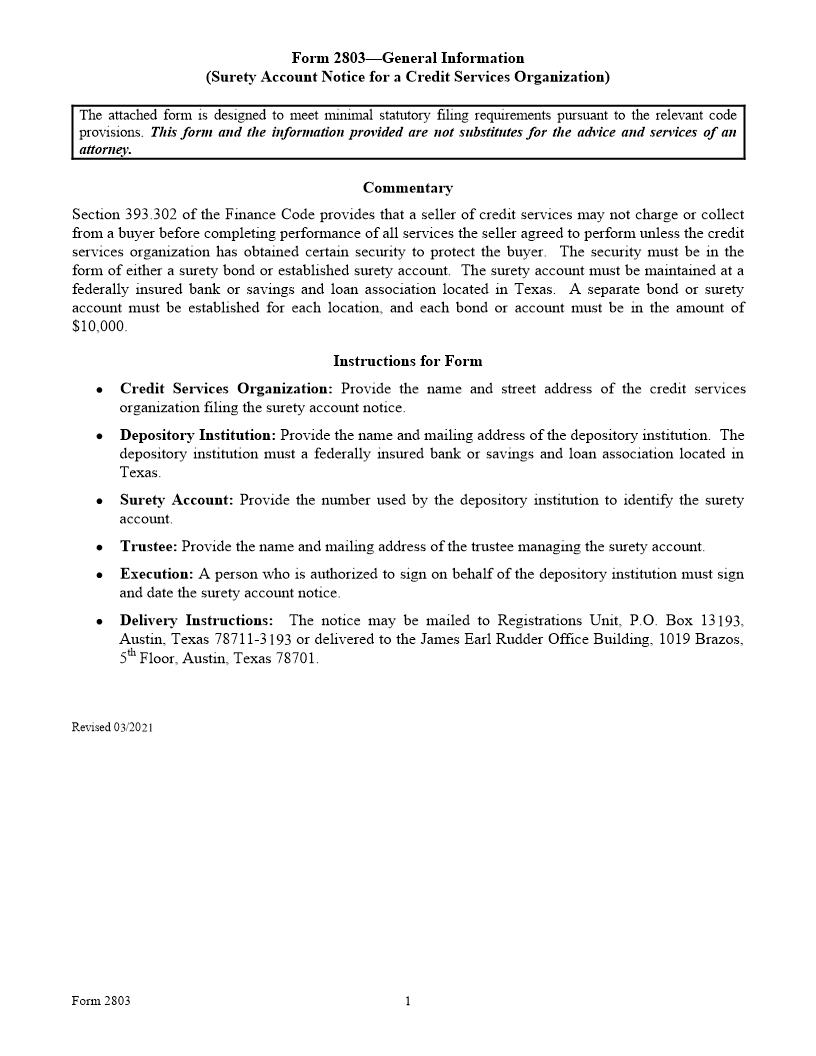 Surety Account Notice For A Credit Services Organization {2803} | Pdf Fpdf Doc Docx | Texas