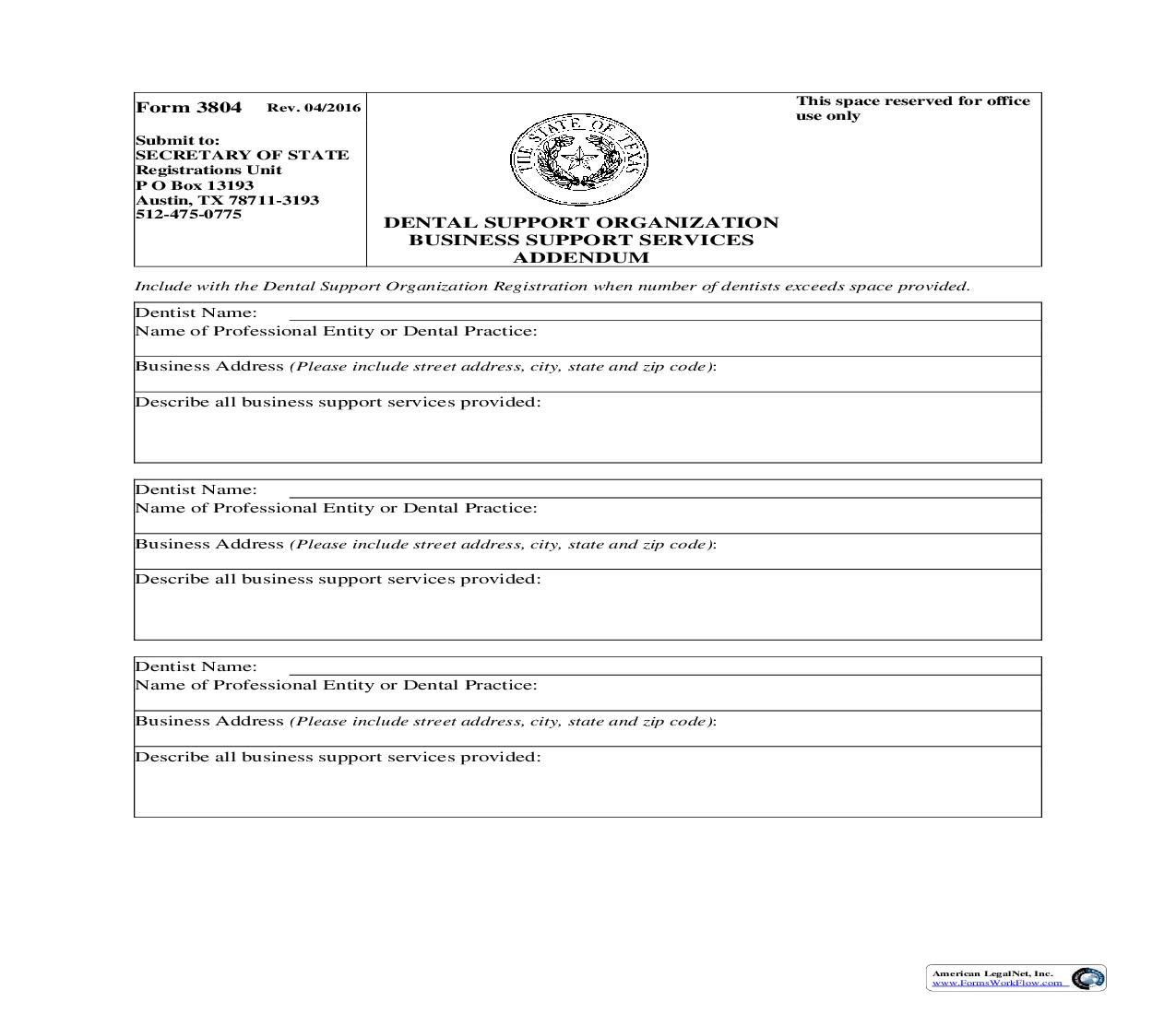 Dental Support Organization Business Support Services Addendum {3804} | Pdf Fpdf Doc Docx | Texas
