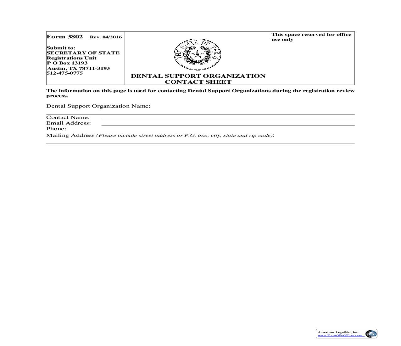 Dental Support Organization Contact Sheet {3802} | Pdf Fpdf Doc Docx | Texas