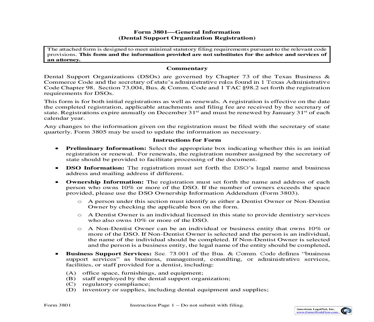 Dental Support Organization Information {3801} | Pdf Fpdf Doc Docx | Texas