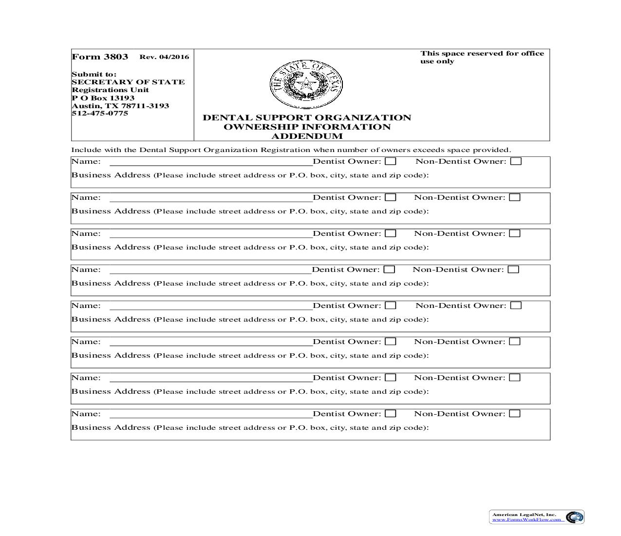 Dental Support Organization Ownership Information Addendum {3803} | Pdf Fpdf Doc Docx | Texas