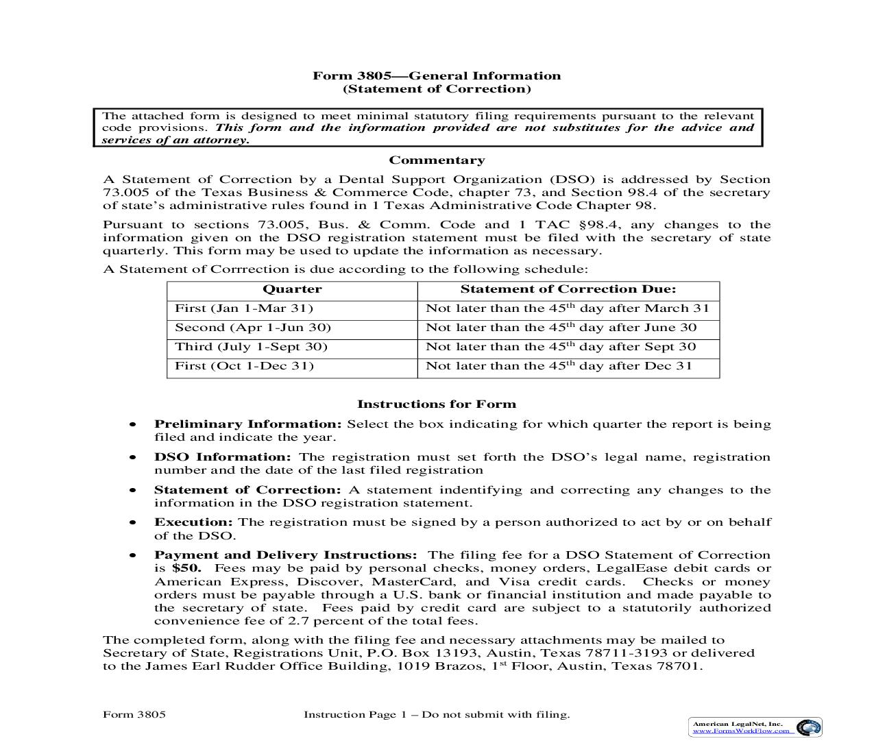 Dental Support Organization Statement Of Correction {3805} | Pdf Fpdf Doc Docx | Texas